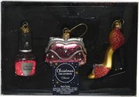 Decoris kersthangers - 3x - nagellak, handtas en pump - 7 cm - glas - Beauty kerstboomversiering