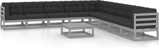 The Living Store Loungeset Grenenhout - Hoekbank - Middenbank - Tafel - Kussens - Grijs/Antraciet - 70x70x67cm