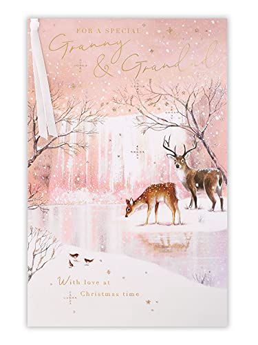 Clintons: Herten By Snowy Lake Scene Oma & Opa Kerstkaart