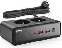 Voomy 65W Stekkerdoos - 2 USB-C & 2 USB-A Poorten - 2 Stopcontacten - Aan / Uit schakelaar - Snellader voor Laptop, Telefoon & Tablet - Oplader, Adapter, Verlengsnoer 2M - Zwart