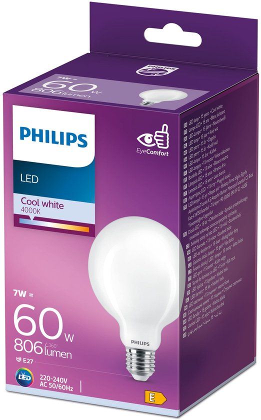 Philips LED Globe E27 - 7W - 806 lm - 4000K - Koel Wit Licht