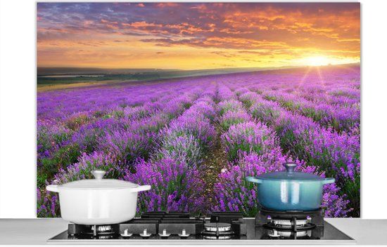 KitchenYeah Spatscherm keuken 120x80 cm - Kookplaat achterwand Lavendel - Wolken - Lente - Muurbeschermer - Spatwand fornuis - Hoogwaardig aluminium
