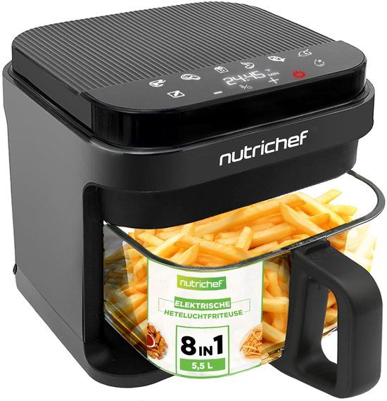 Nutrichef Airfryer 5,5 L - 8-in-1, Transparante Kom, Zwart