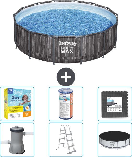 Bestway Rond Steel Pro MAX Zwembad - Houtprint - 427 x 107 cm - Inclusief Pomp - Ladder - Afdekzeil Onderhoudspakket - Filter - Vloertegels