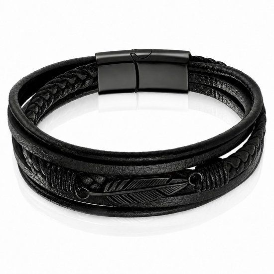 Mendes Jewelry Heren Armband - Stoer Zwart Leder met Bladvormige Stalen Bedel - Zwart-21cm