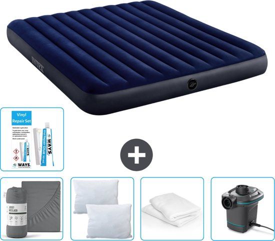 Intex Luchtbed - 2-Persoons - 183 x 203 x 25 cm - Blauw - Inclusief Hoeslaken, Kussen, Pomp, Reparatieset en Kussenbeschermer