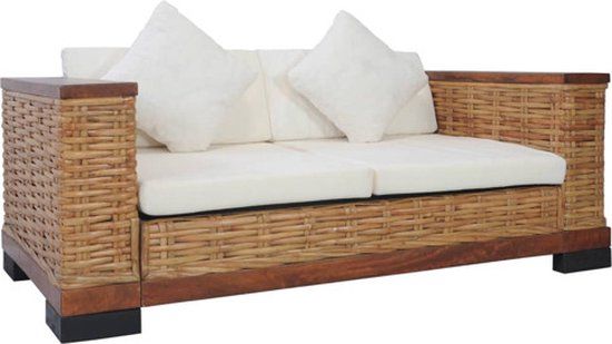 vidaXL Tweezitsbank met kussens natuurlijk rattan bruin
