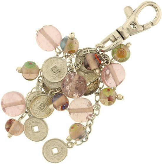 Behave® Tassenhanger - sleutelhanger - zilver-kleur lila met muntjes en kraaltjes 9 cm