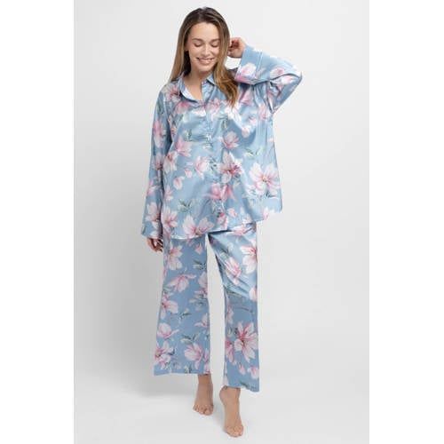Dorina Curve satijnlook pyjamabroek Bella blauw/roze/wit