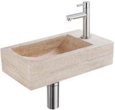 Saniclass Fuente Fonteinset - 40x22x10cm - kraangat rechts - fonteinkraan geborsteld RVS PVD - afvoerplug - verlaagd sifon - gemeleerd natuursteen