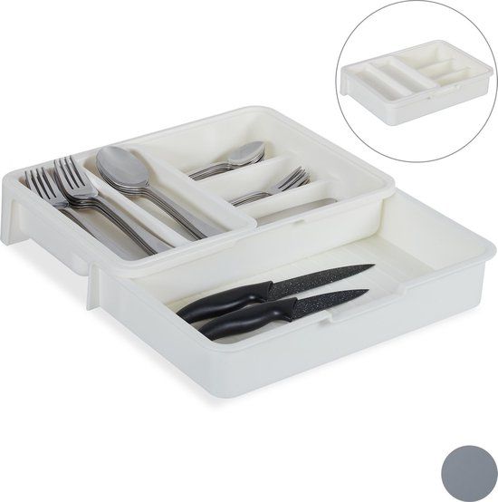 Relaxdays Bestekbak Uitschuifbaar - Bestek Organizer - Besteklade Kunststof - Wit