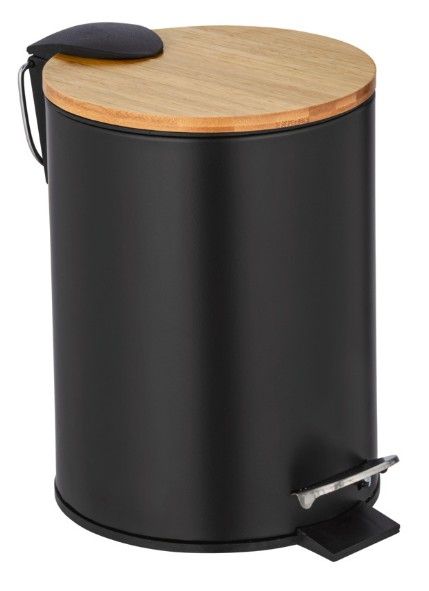 WENKO Tortona 3L Pedal Waste Bin - Black Stainless Steel with Bamboo Lid