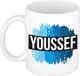 Bellatio Decorations Shoppartners Bv Youssef naam cadeau koffie mok - beker - met blauw verfstrepen - Cadeau collega - vaderdag - verjaardag - meester - coach - 300 ml - wit