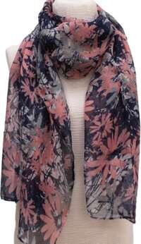 Lange Dunne Sjaal - Bloemenprint - Marineblauw - 180 x 78 cm