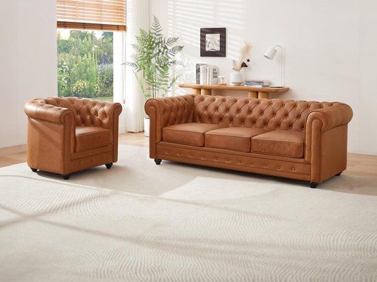 Vente-unique Camelkleurige Chesterfield leren 3-zitsbank en fauteuil - 205 cm