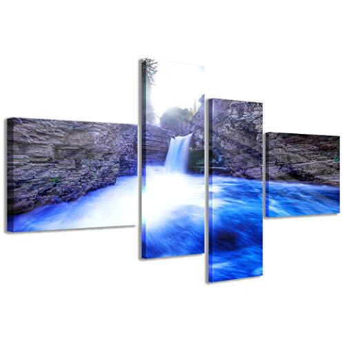 Stampe su Tela Kunstdruk op canvas, Blue Waterfall Waterval, moderne foto's in 4 panelen, klaar ingelijst, 160 x 70 cm