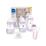 MAM Welcome To The World cadeauset met 3 Easy Start anti-koliek flessen, Start Nano-fopspeen Clip It! & Cover, met fopspeenhoes, paars